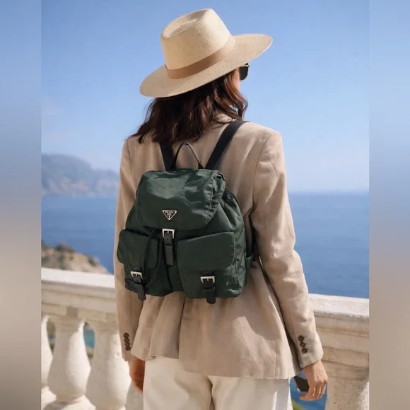 PRADA Vela Double Front Pockets Nylon Backpack Green COA & Dust Bag Medium - Picture 2 of 16